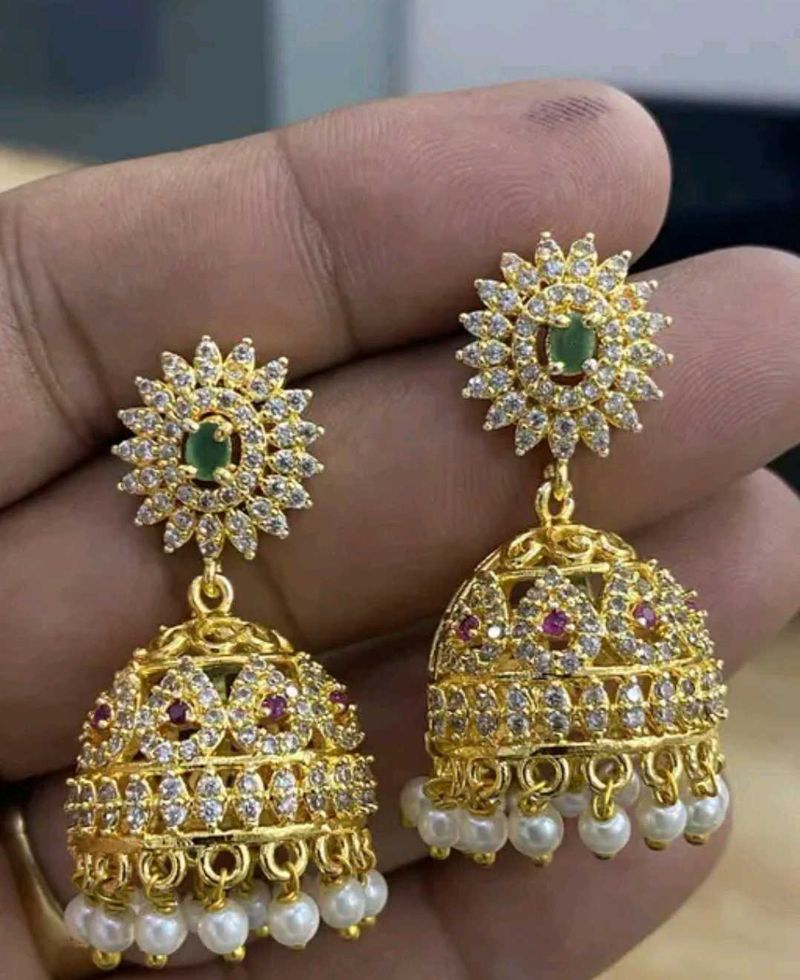 Cz Gold Jhumka Earrings