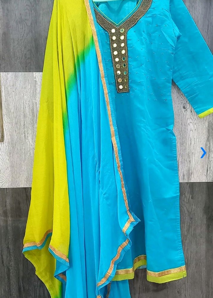 Sky Blue &amp; NEON Green Silk Salwar Suit Set