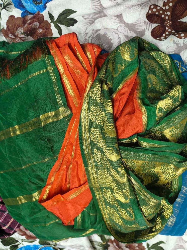 Elegant Green &amp; Orange Saree