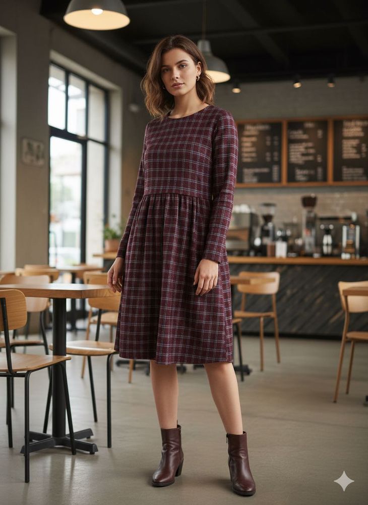 Burgundy Plaid Midi Dress