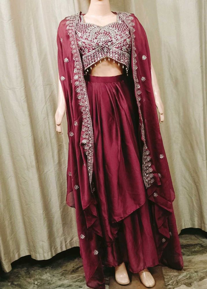 Maroon Embellished Draped skirt with top
