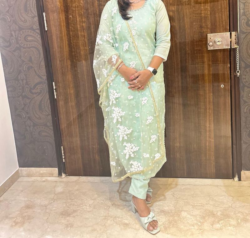 Pista  Green Floral Embroidered Kurti Set