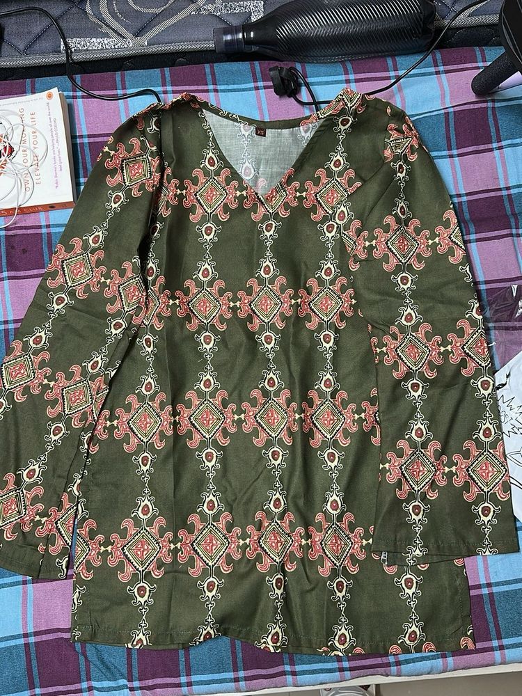 Olive Green Patterned Short Kurta