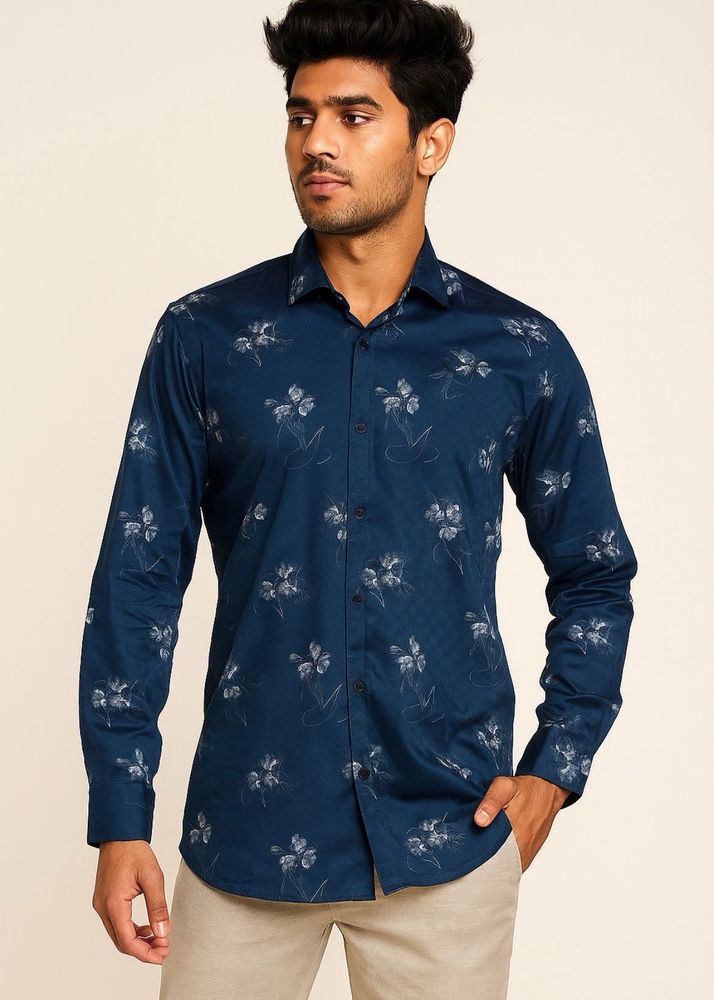 Men’s Navy Blue Cotton Shirt with Floral Print
