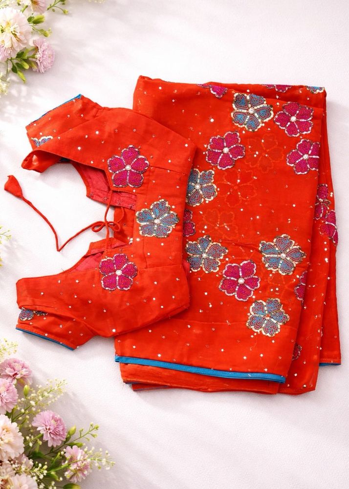 Floral Red Saree with Blouse Piece