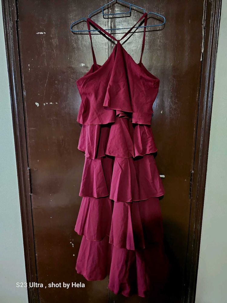 A Cherry Maroon Ruffled Maxi Dress