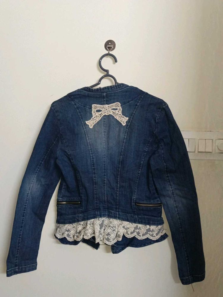 Denim Jacket with Lace Trim