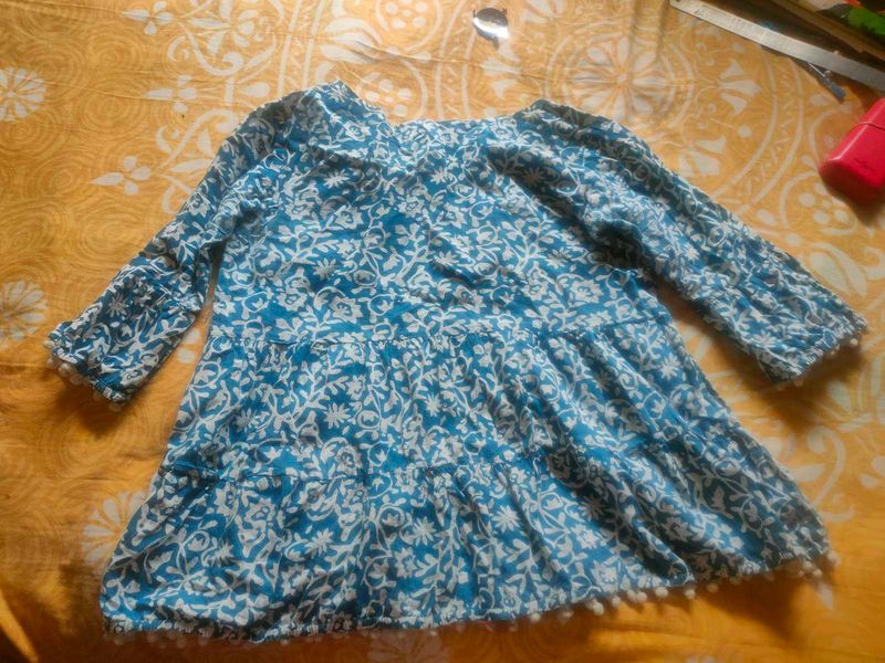 Blue Floral Pom-Pom Dress