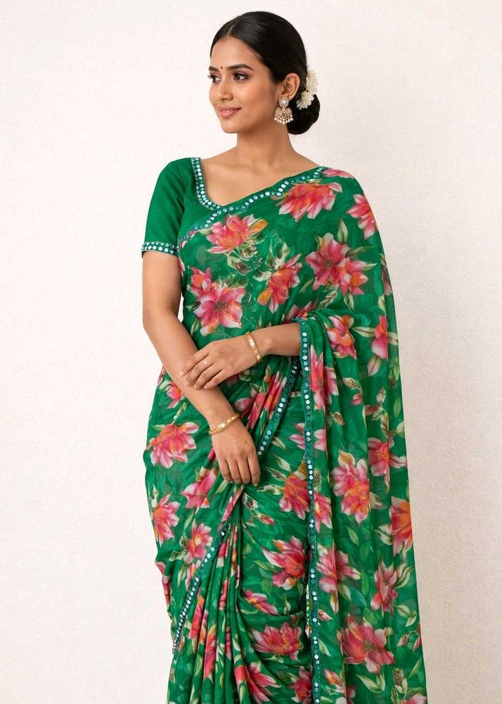 Green Floral Print Saree