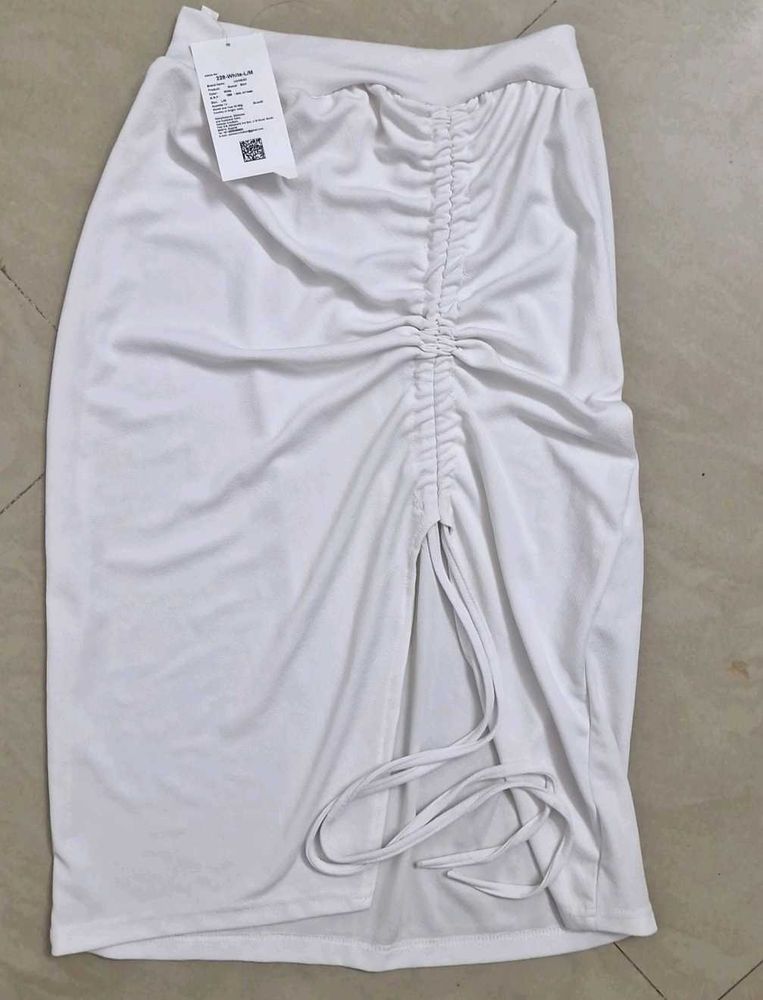 White Drawstring Slit Skirt