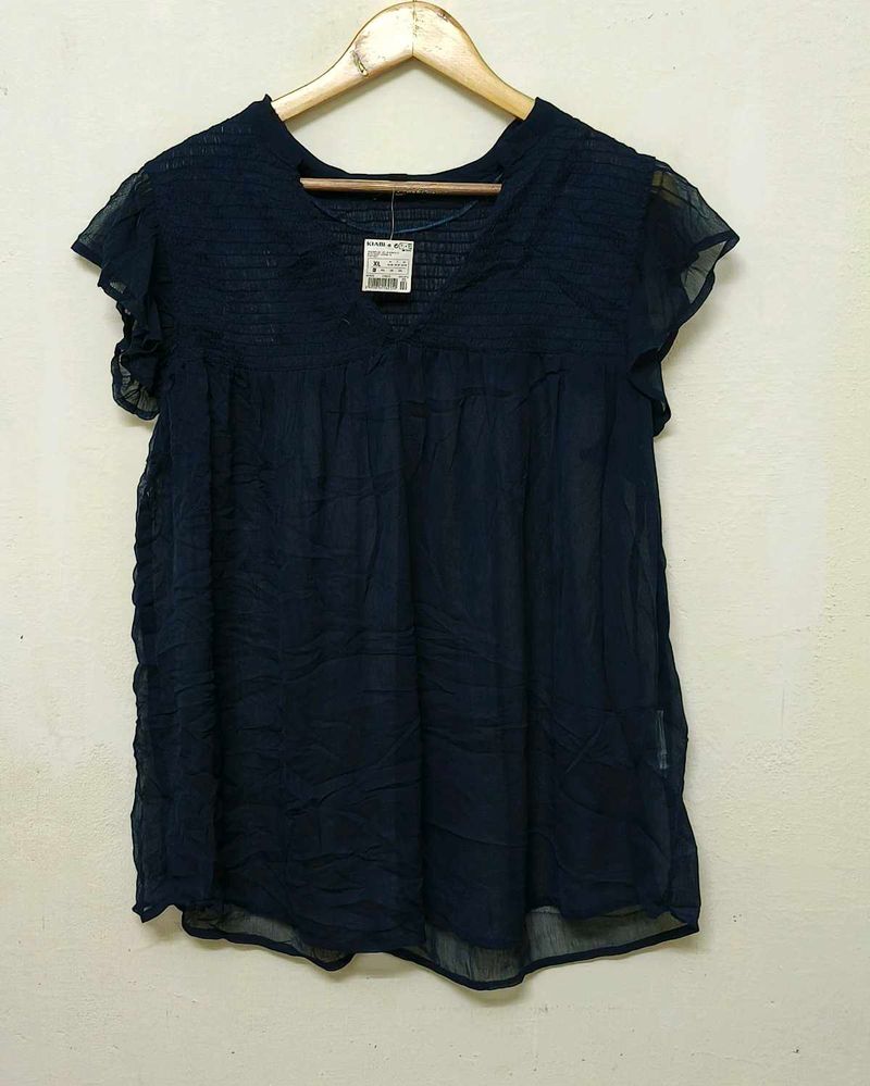 Trendy New Navy Blue Sheer Blouse