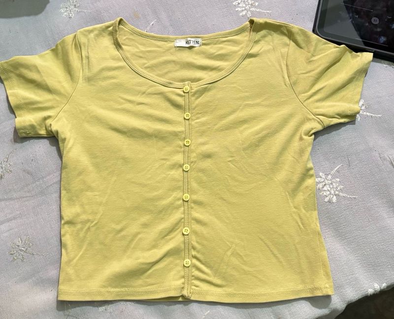 Yellow Button-Front Crop Top