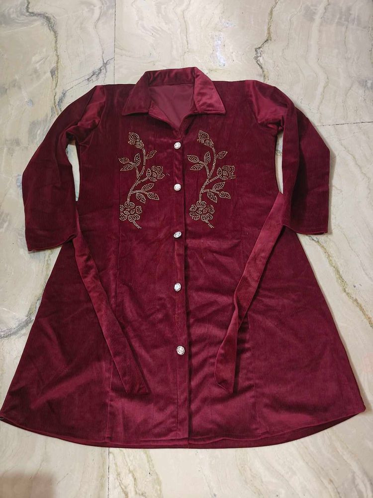 Maroon Velvet Embroidered Dress