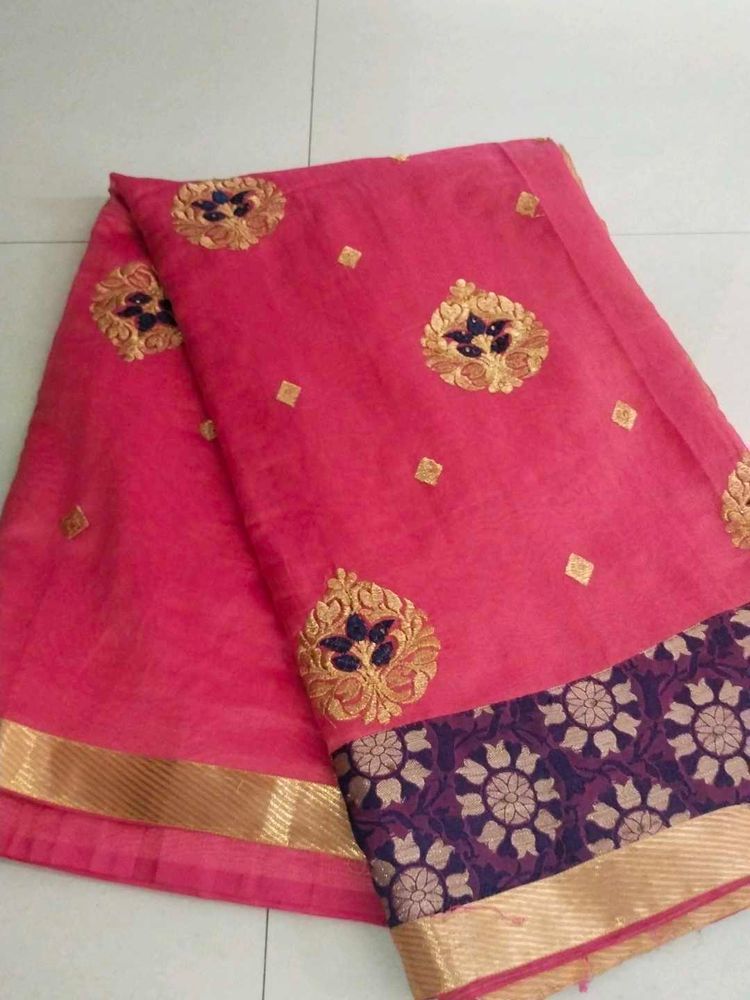 Grand Pink Saree With Gold Zari Embroidery