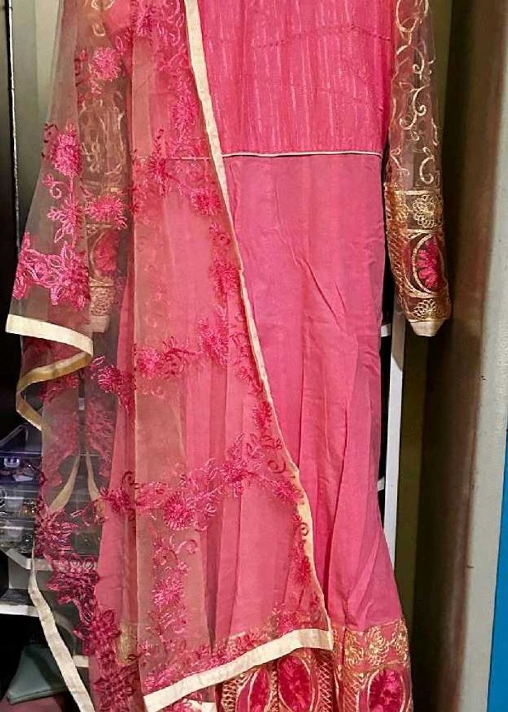Pink Anarkali Kurta &amp; Embroidered Net Bupatta