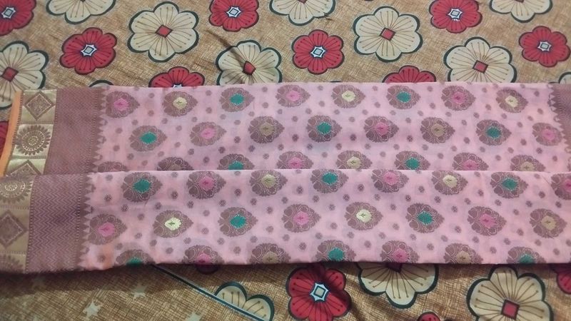 Pink Floral Cotton Silk Saree (Stritched Blouse)