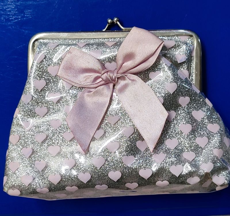 Clutch Pouch- Glitter Silver Base With Baby Pink Hearts And Bow