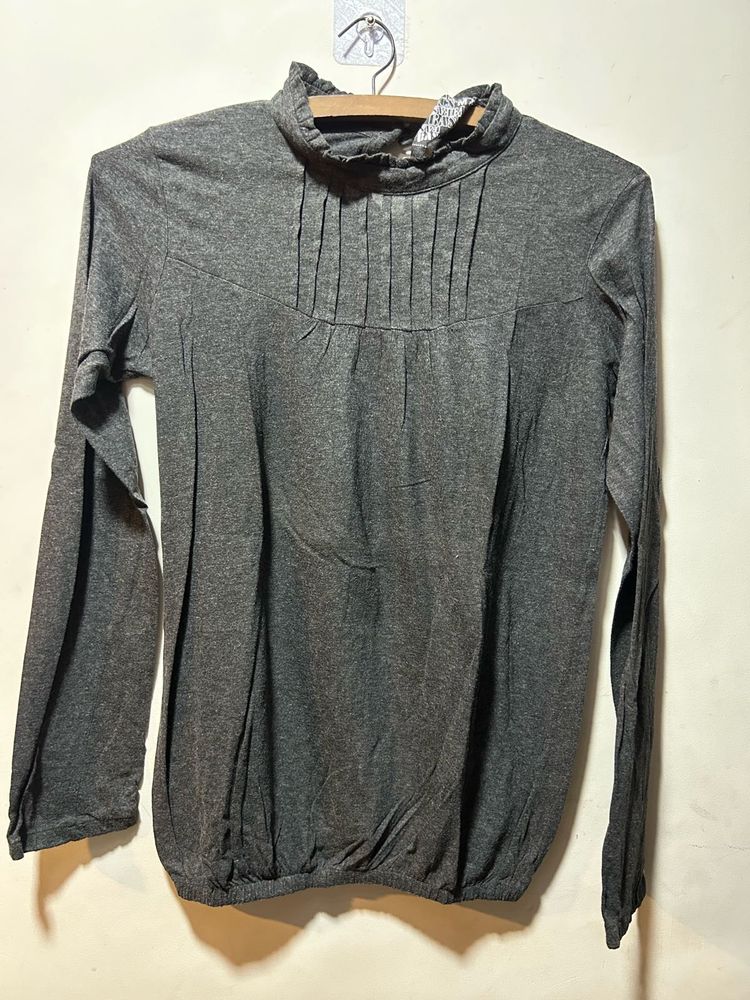 Gray Ruffled Mock Neck Long Sleeve Top
