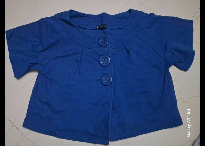 Blue Cropped Button Jacket