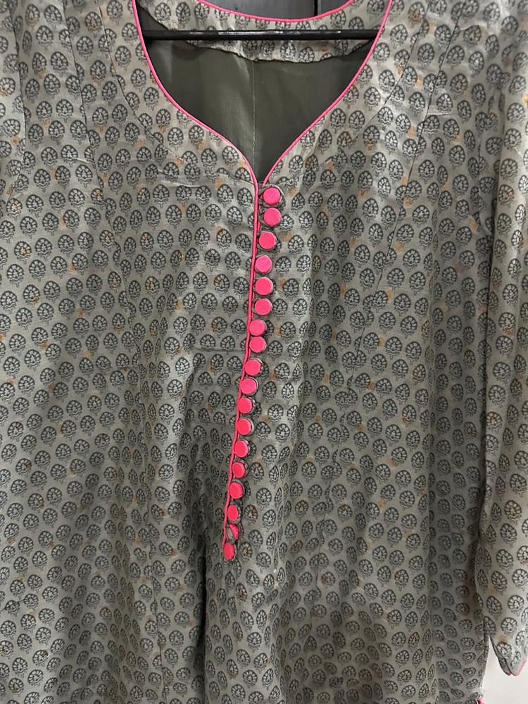Grey Printed Kurta With Dupatta