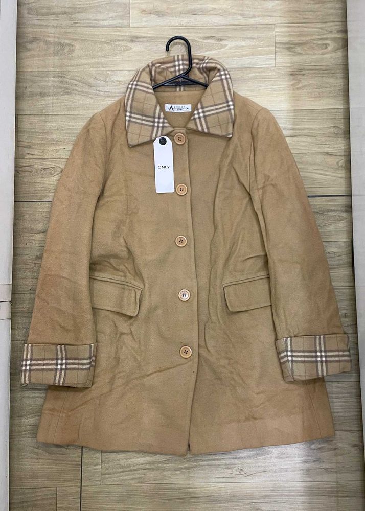 Tan Plaid Trimmed Coat - Size - S/M