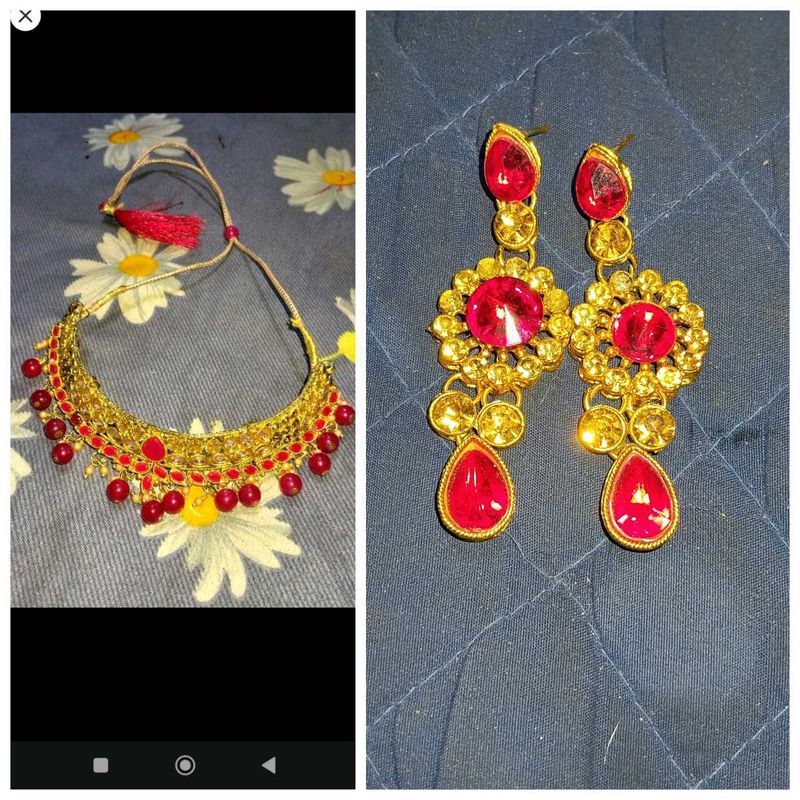 Ethnic Red &amp; Gold Choker Necklace &amp; Earrings Set