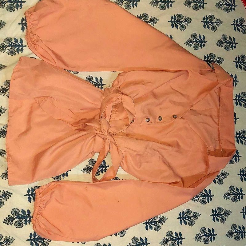 Peach Tie-Waist Blouse &amp; Pants Set
