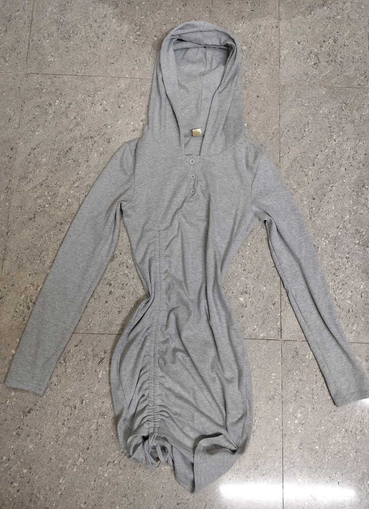 Grey Hooded Bodycon Ruched Dress