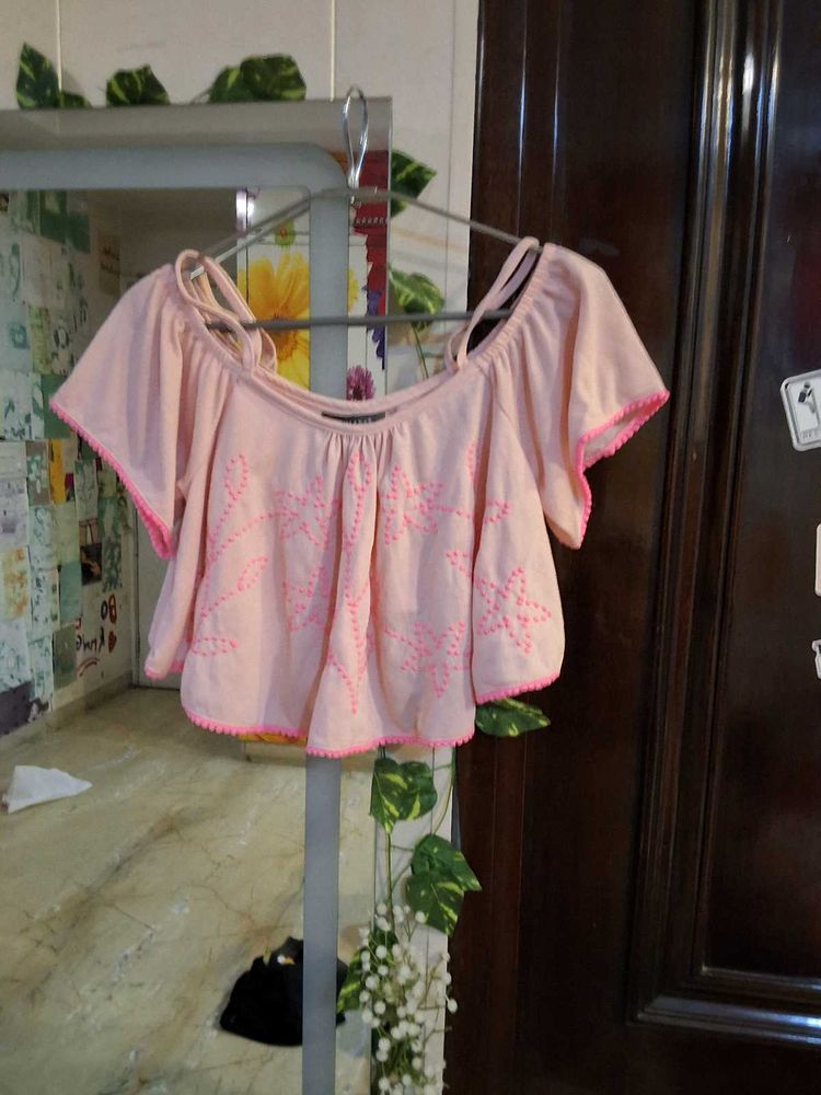 Pink Embroidered Crop Top