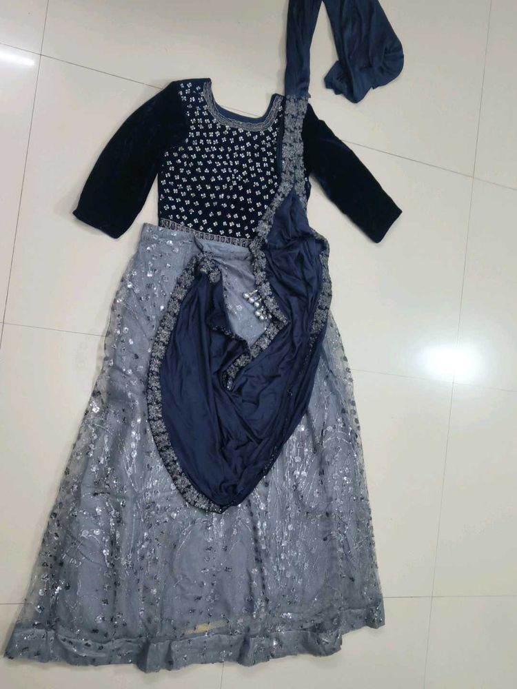 Elegant Blue &amp; Grey Ethnic Gown