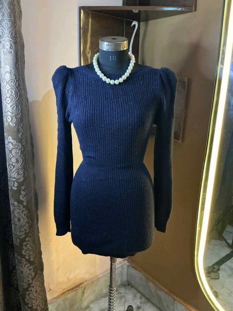 Winter Woollen Navy Blue Ribbed Dress