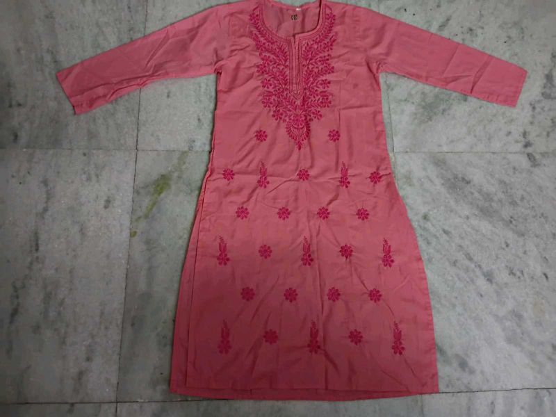 New Pink Chikankari Kurti Women(FREE FLOWER CLIP)