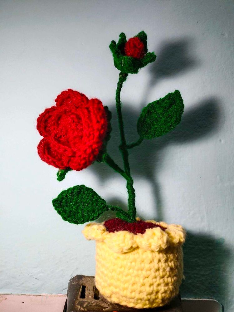 Crocheted Red Rose in Yellow Pot