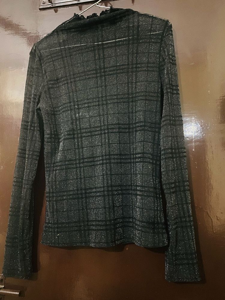 Sheer Shimmer Plaid  Long Sleeve Top