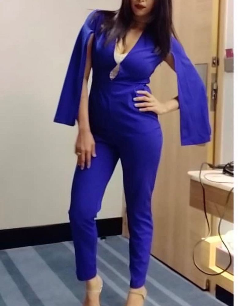 Elegant electric Blue Cape Jumpsuit.