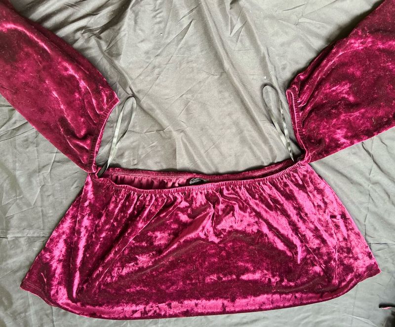 Burgundy Velvet Off-Shoulder Crop Top