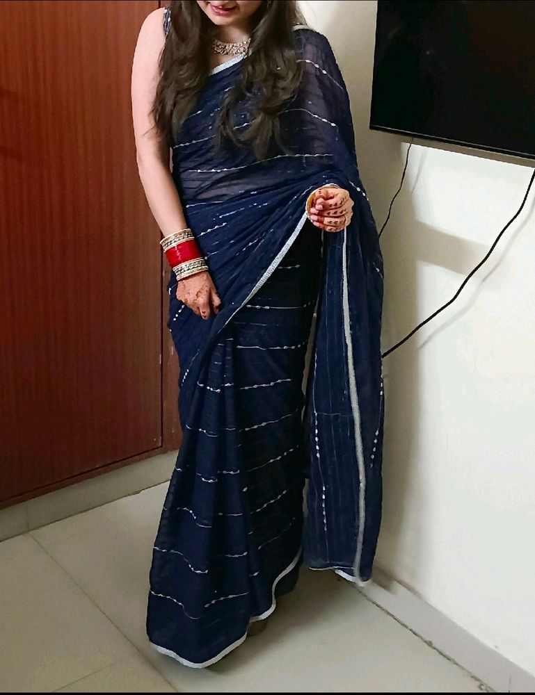 Designer Navy Blue And Silver Festive Net Saree..