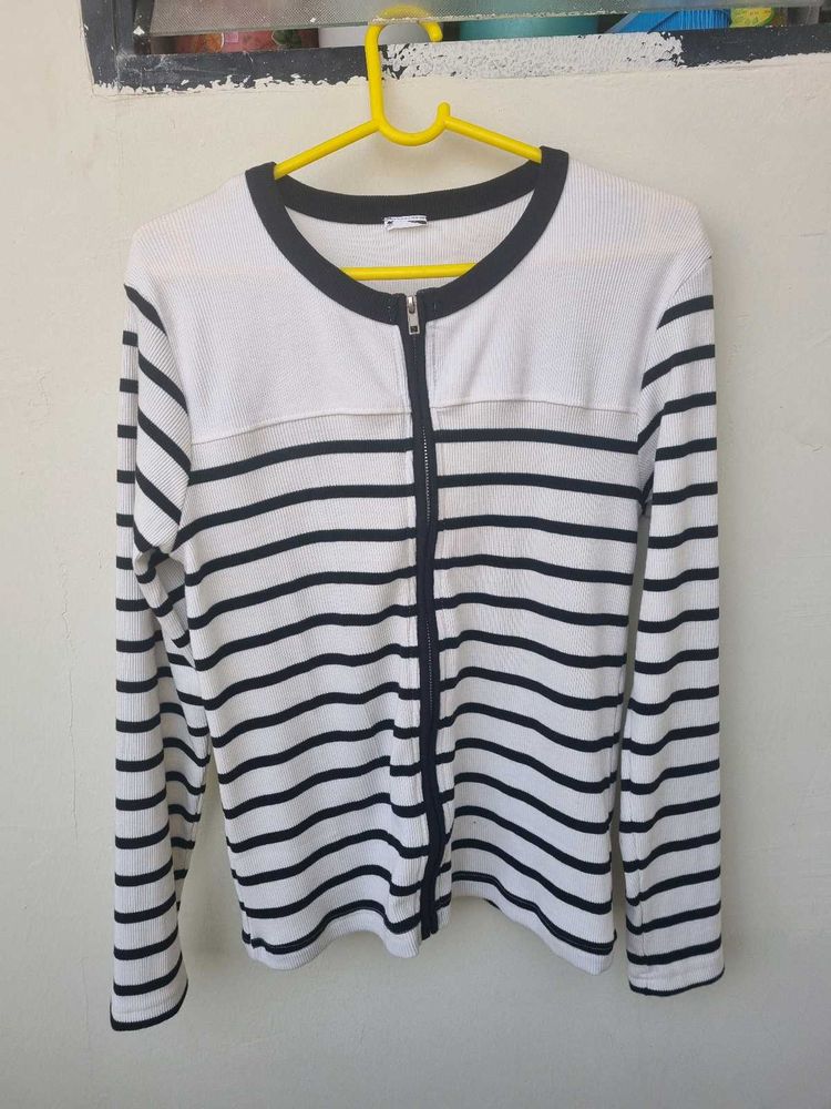 Striped Zip-Up Knit Top