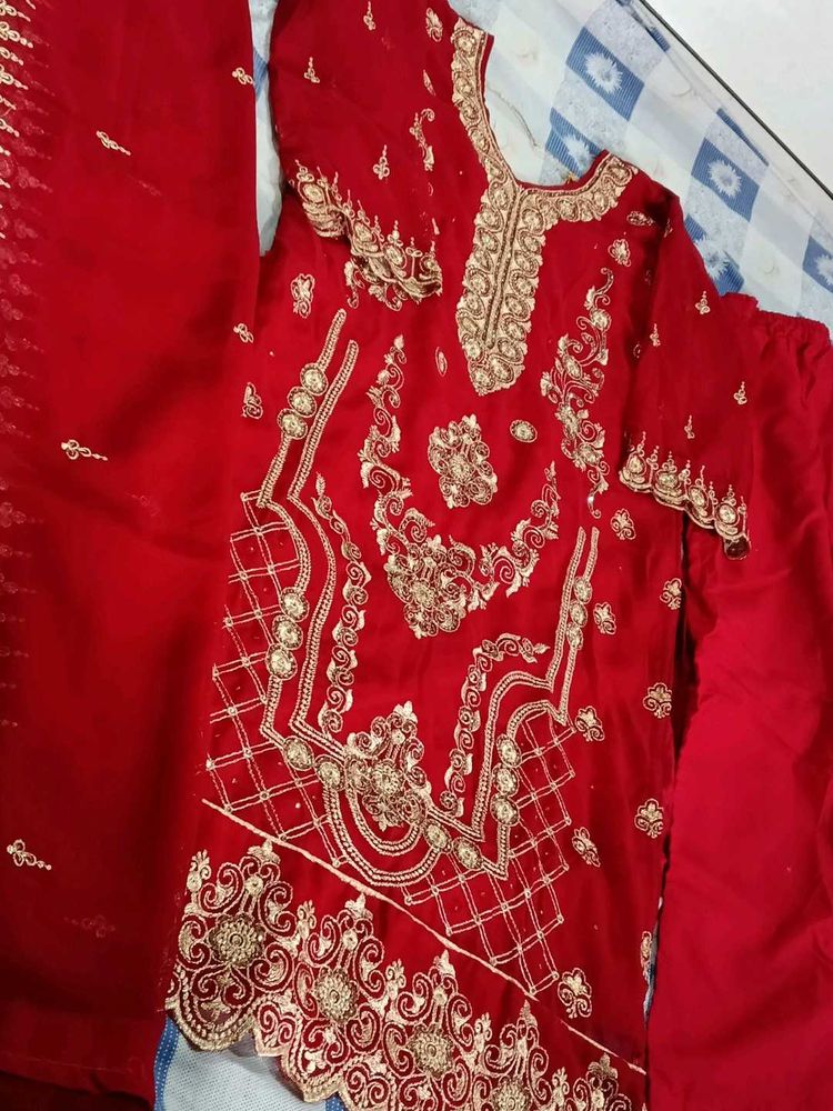 Red &amp; Gold Embroidered Stones  Kurta Set