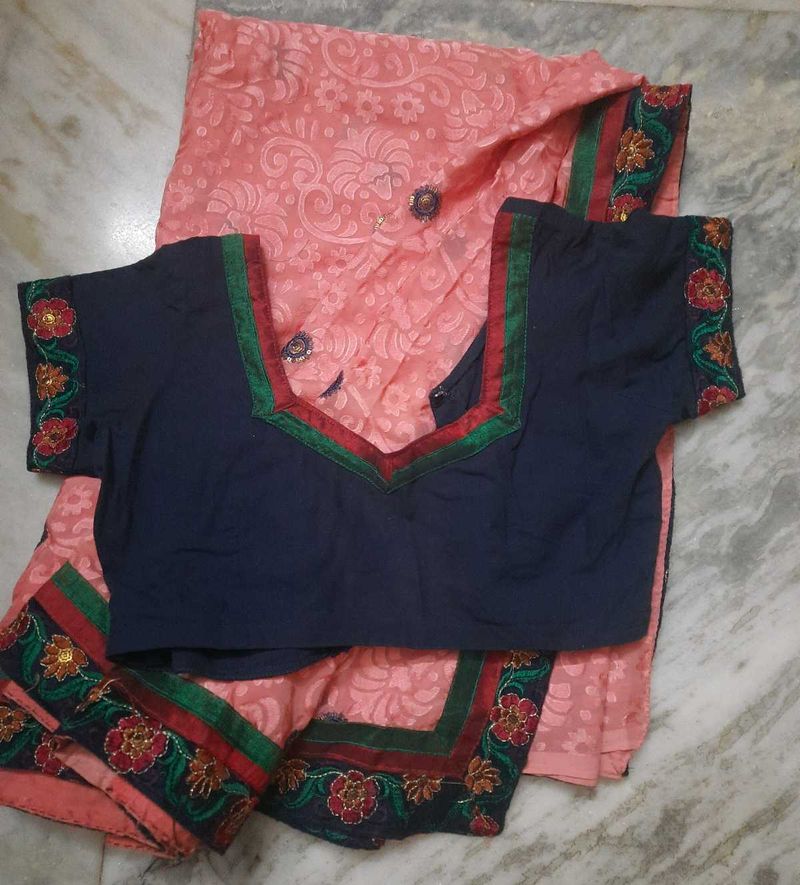 Peach Saree with Navy Blouse