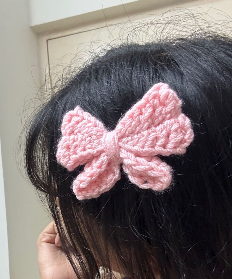Pink Crochet Bow Hair Clip