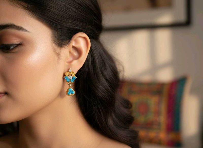Elegant Gold &amp; Blue Stone Dangle Earrings