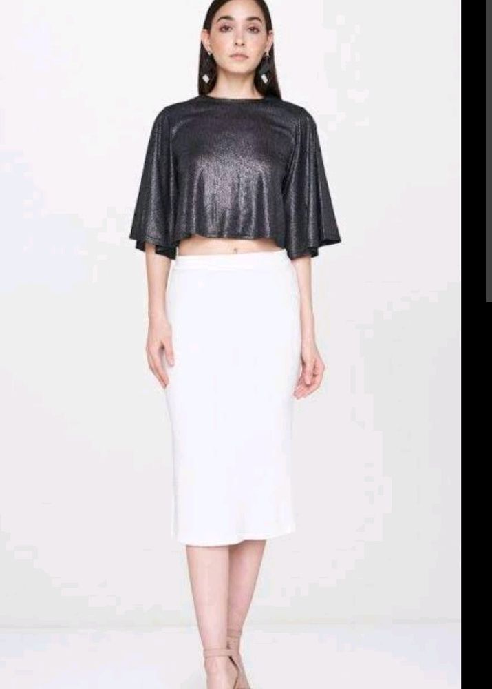 Silver Round Neck Flared Short Polyester Top