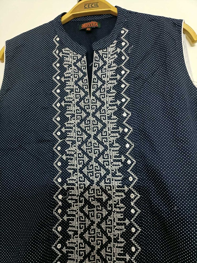 Navy Blue Sleeveless Kurti with Ethnic Embroidery