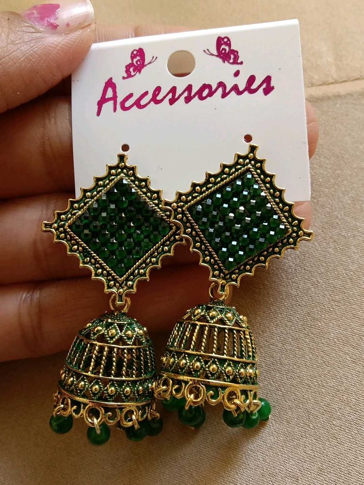 Green Jhumka Earrings