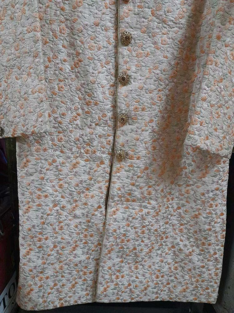 Cream Silk Sherwani With Embroidery