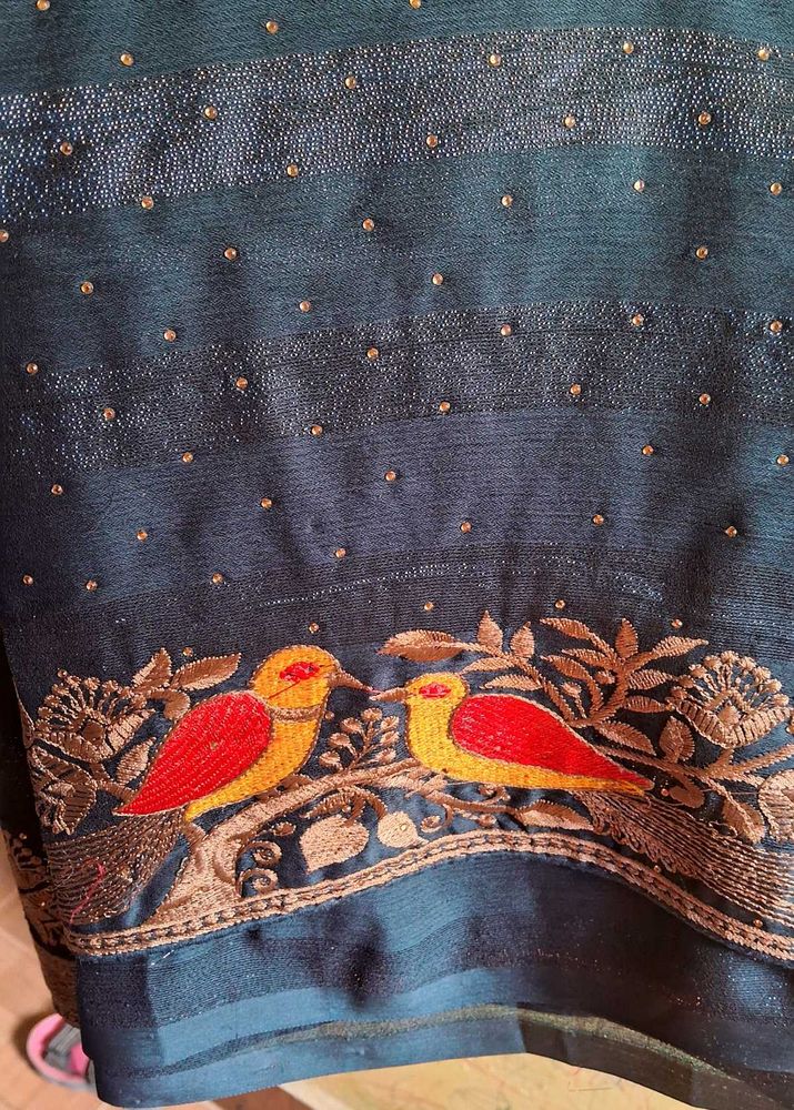 Bird Embroidered Teal Saree