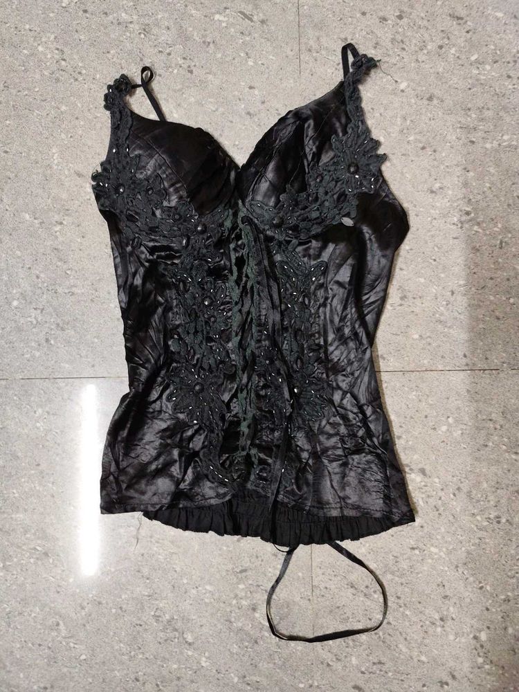 Black lace and stone detail satin cami top
