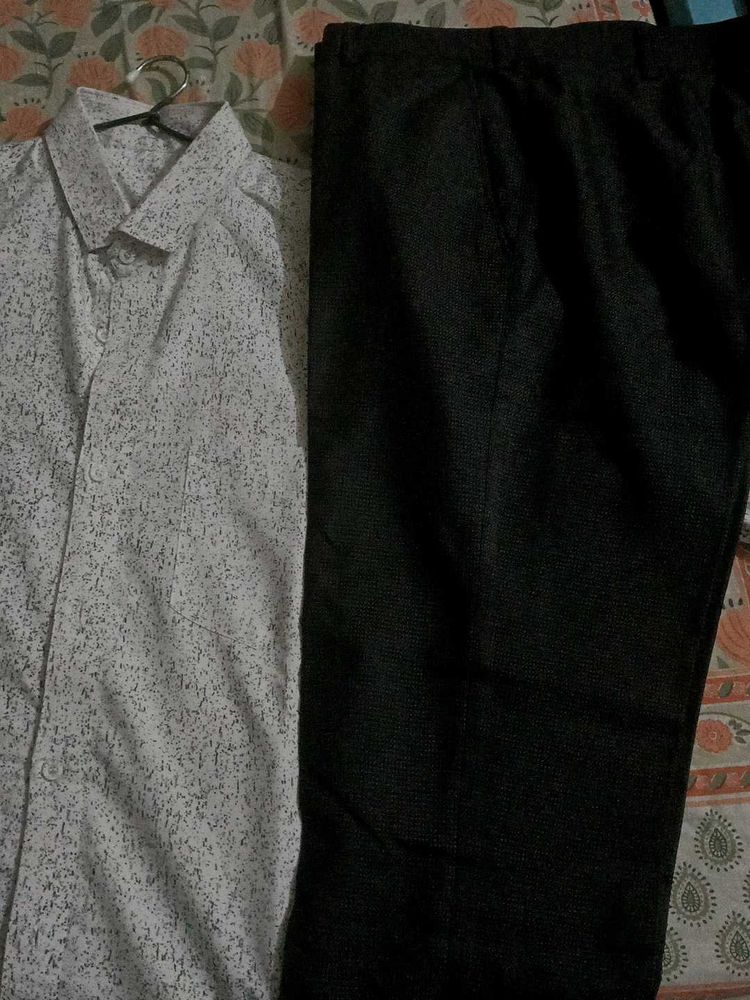 White Patterned Long Sleeve Shirt And Black Pent