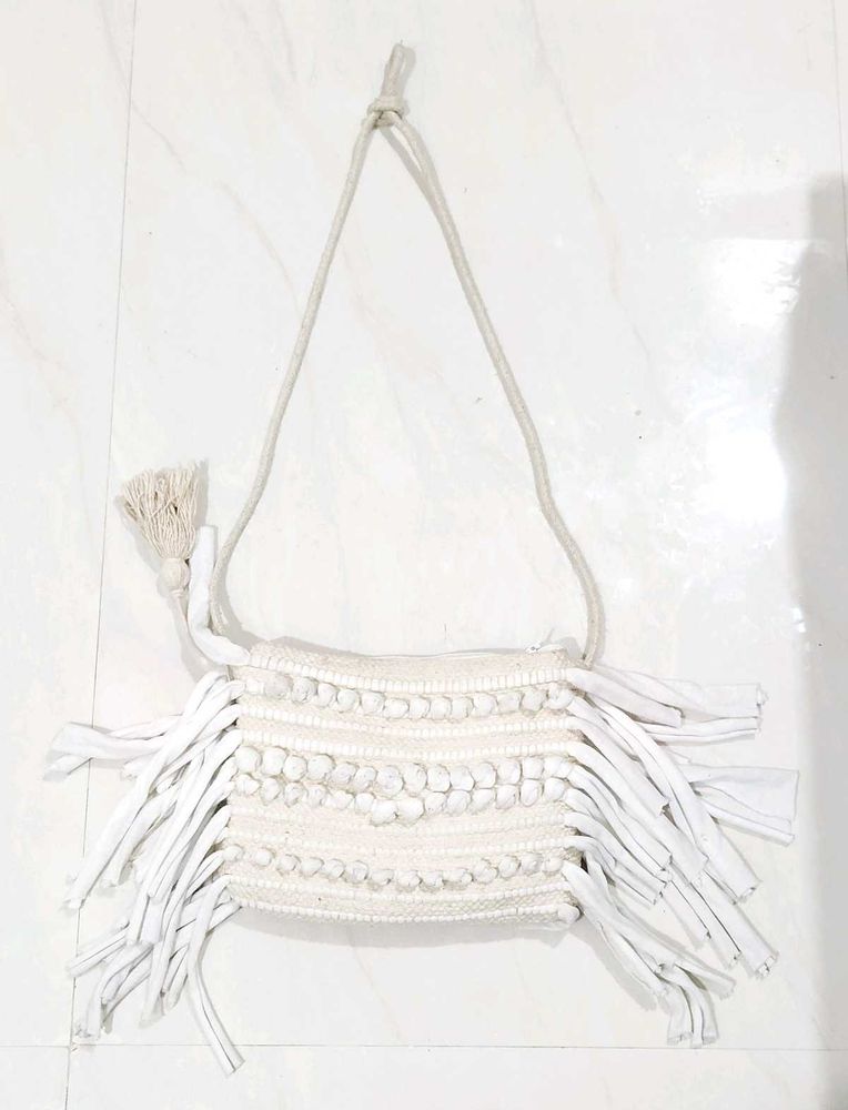 Boho Macrame Fringe Sling Bag – Off-White